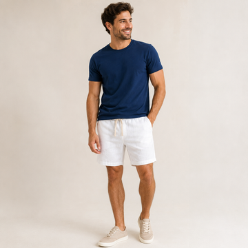 Conjunto Camiseta + Short Linho Betini's - Azul Marinho + Branco