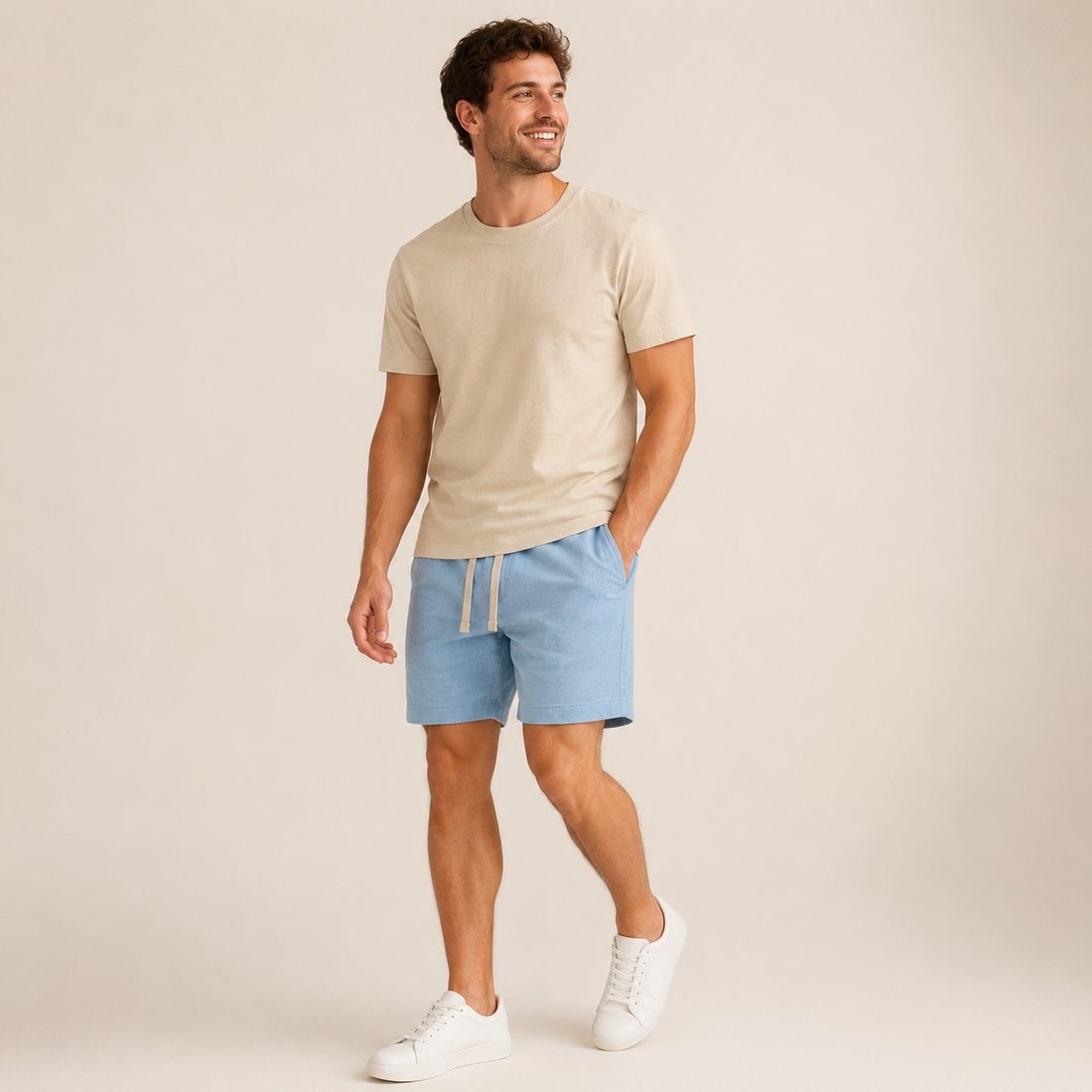 Conjunto Camiseta + Short Linho Betini's - Bege + Azul Bebê
