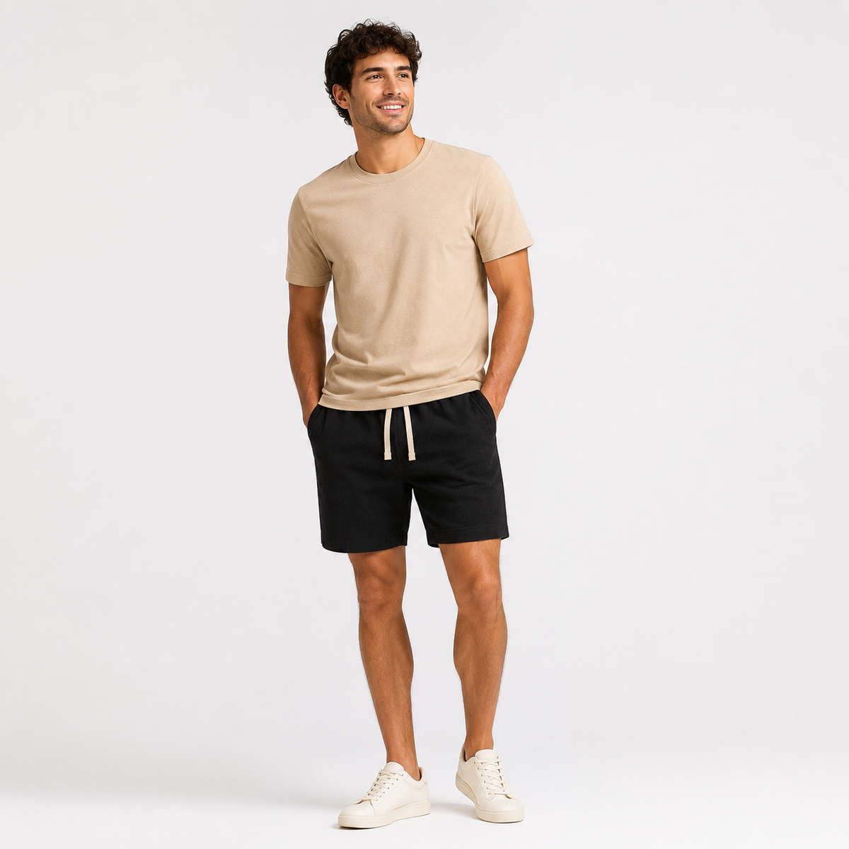 Conjunto Camiseta + Short Linho Betini's - Bege + Preto