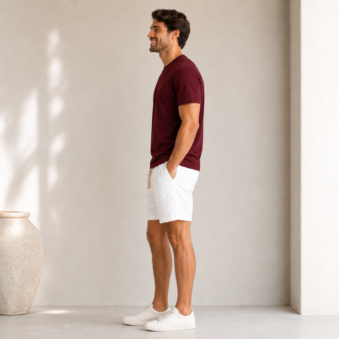 Conjunto Camiseta + Short Linho Betini's - Bordô + Branco